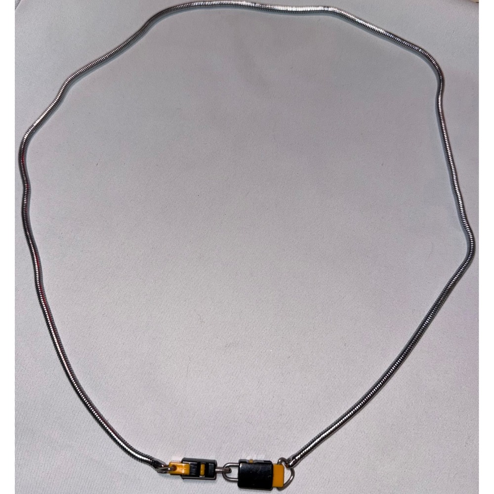Silver Tone Snake Chain Necklace Industrial Black Yellow Buckle Clasp 32 Inch